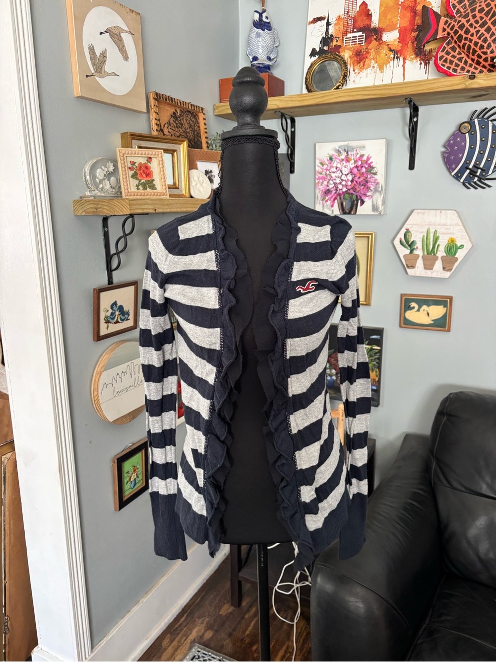 VTG Y2K Hollister striped open front cardigan sweater ruffles preppy size M